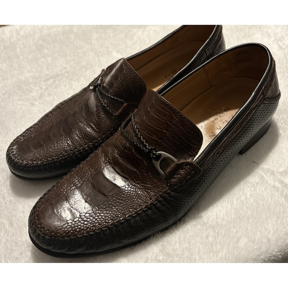 Mezlan Vesta Ostrich Leg and Woven Calfskin Moc Toe Bit Strap Loafers Brown 10.5